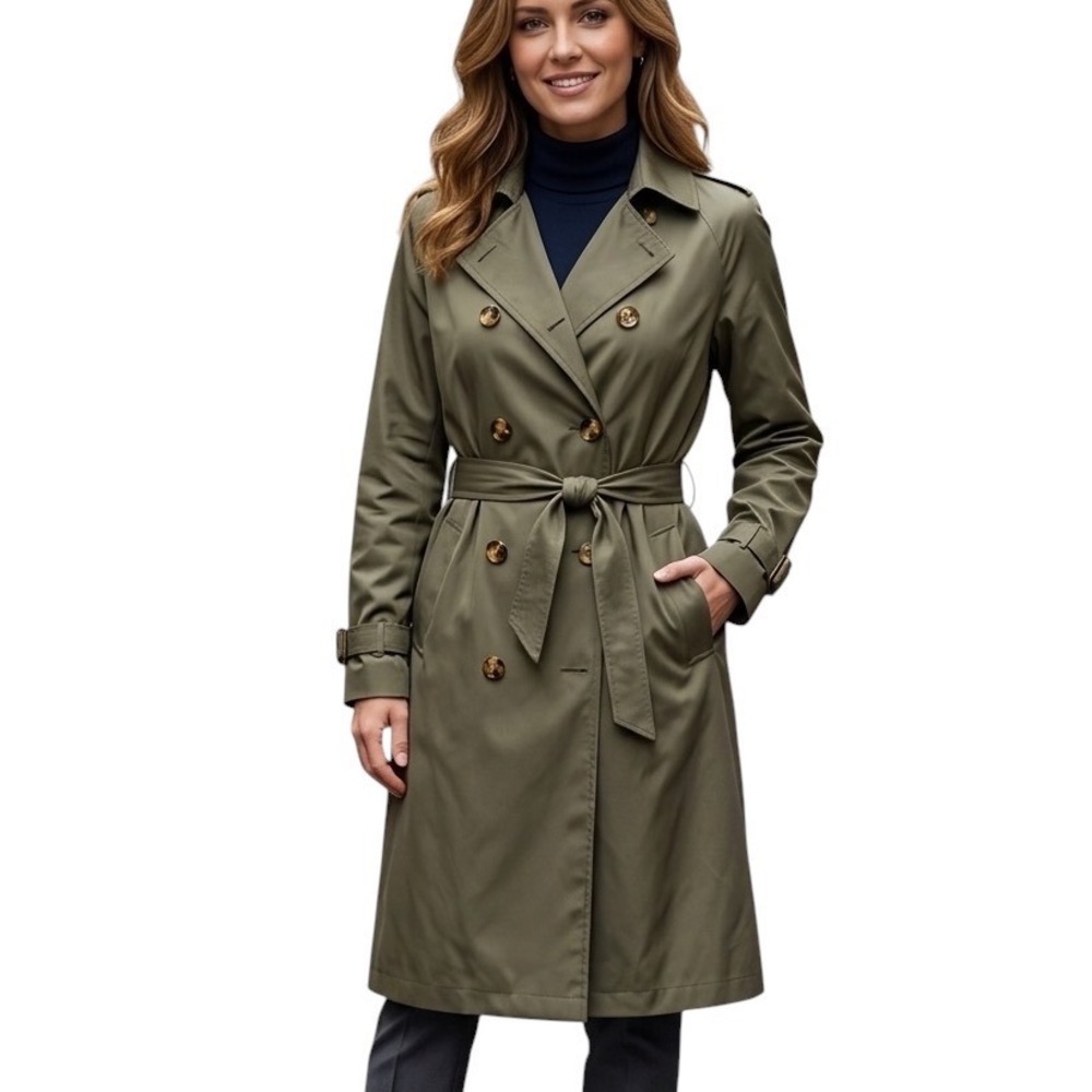 Stoosh Womens Olive Green Double Breasted Trench Rain Coat Belted Size Small